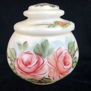 Davis Lynch Company Pink Rose Jar With Lid Cover Bowl Dish Vintage Milk Glass